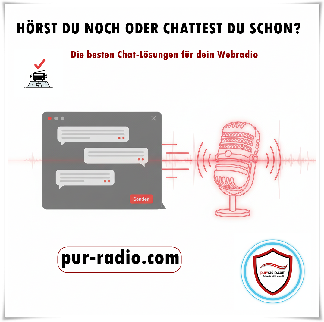 Ein leuchtendes Mikrofon sendet Soundwellen an ein modernes Chatfenster, das eine aktive Unterhaltung zeigt. Der Text "Die besten Chat-Lösungen für dein Webradio" ist im Bild integriert. Das Design ist sauber, modern und minimalistisch mit roten Akzenten auf weißem Hintergrund.