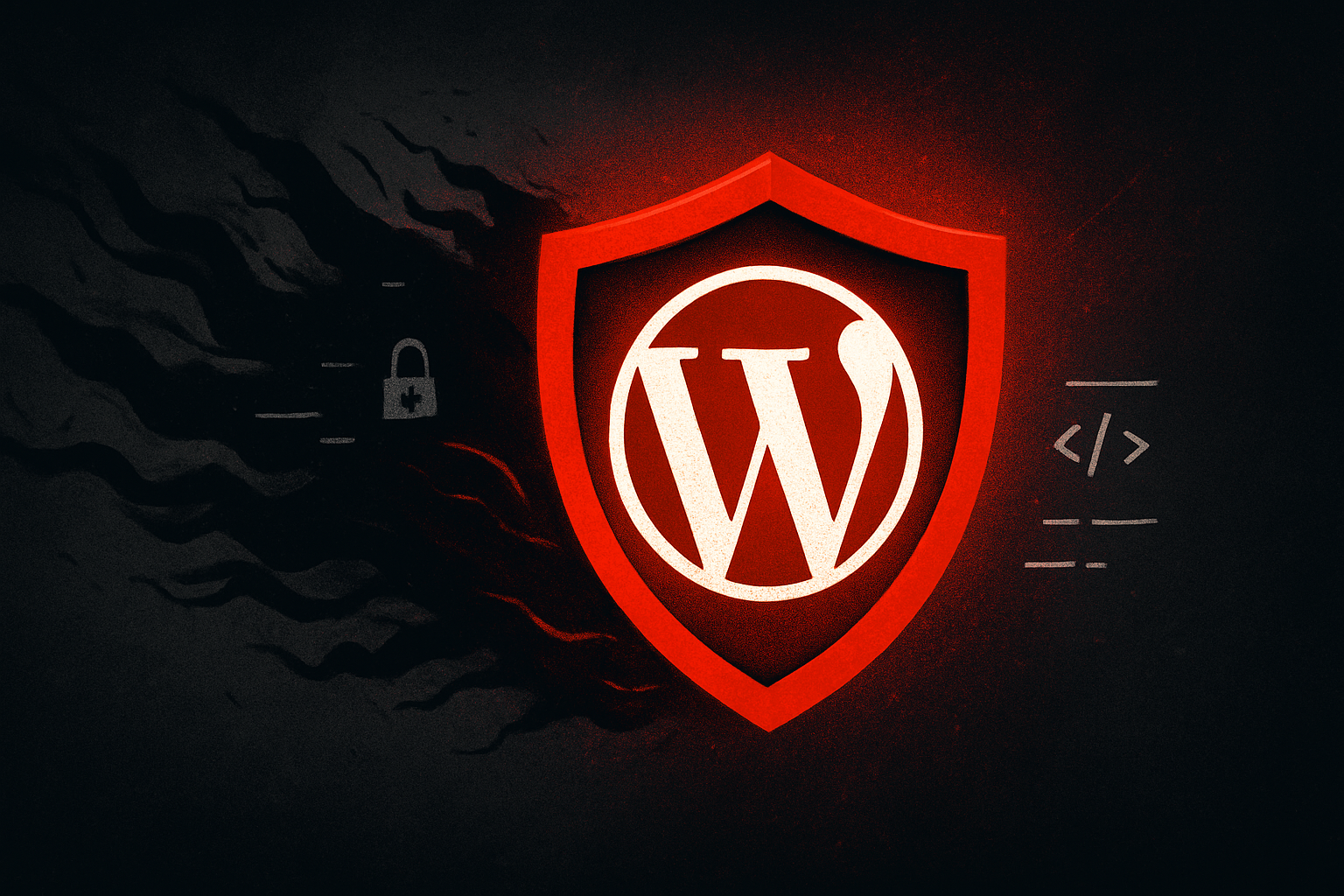 Abstraktes digitales Artwork mit dem WordPress-Logo, das von einem leuchtend roten Schutzschild umgeben ist. Schwarze, rauchähnliche Linien symbolisieren Bedrohungen, während rote und weiße Code-Elemente Sicherheit und Wartung darstellen.
