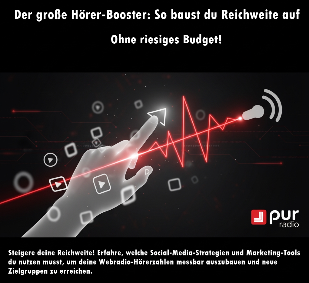 Webradio Marketing Strategie – Stilisierte Hand zeigt nach oben (Wachstum) umgeben von Social-Media-Icons. Eine rote Lichtspur verbindet sie mit einem Mikrofon. Symbolisiert Hörerzahlen-Ausbau.