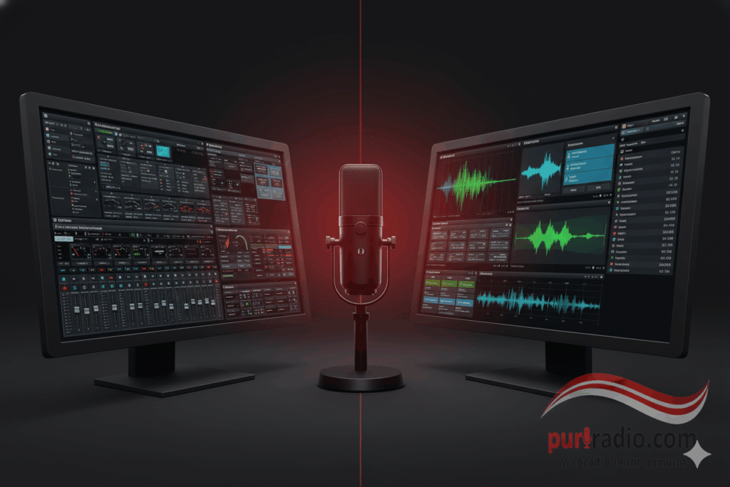 SAM Broadcaster gegen mAirList – Professioneller Vergleich der Radio-Automationssoftware. Zwei Monitore zeigen die unterschiedlichen User-Interfaces (komplex vs. modular).