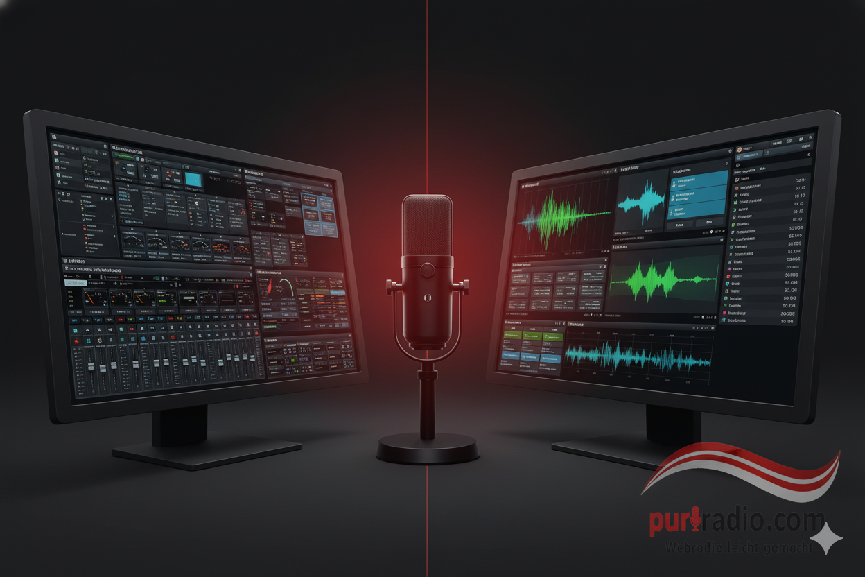 SAM Broadcaster gegen mAirList – Professioneller Vergleich der Radio-Automationssoftware. Zwei Monitore zeigen die unterschiedlichen User-Interfaces (komplex vs. modular).